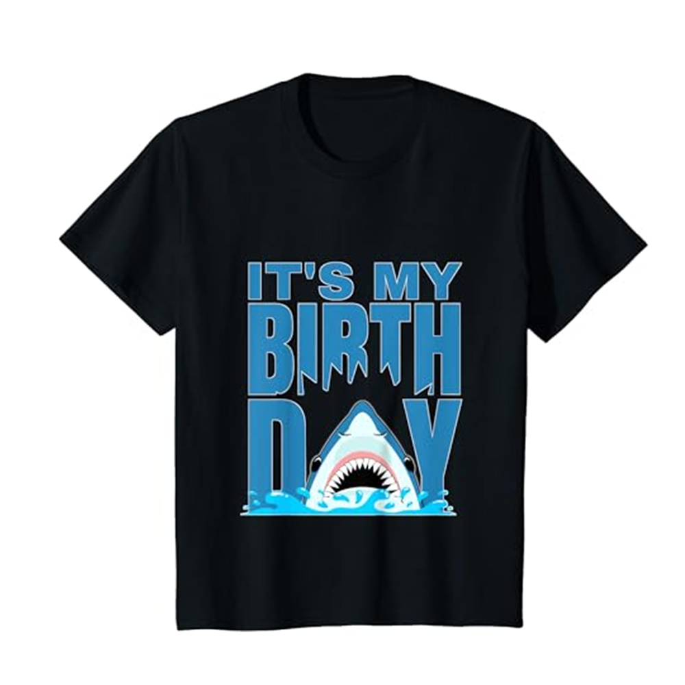 Adult Blue Shark Birthday Shark Bite Its My Birthday Girls Boys Black T-shirt Outfits Top Costume