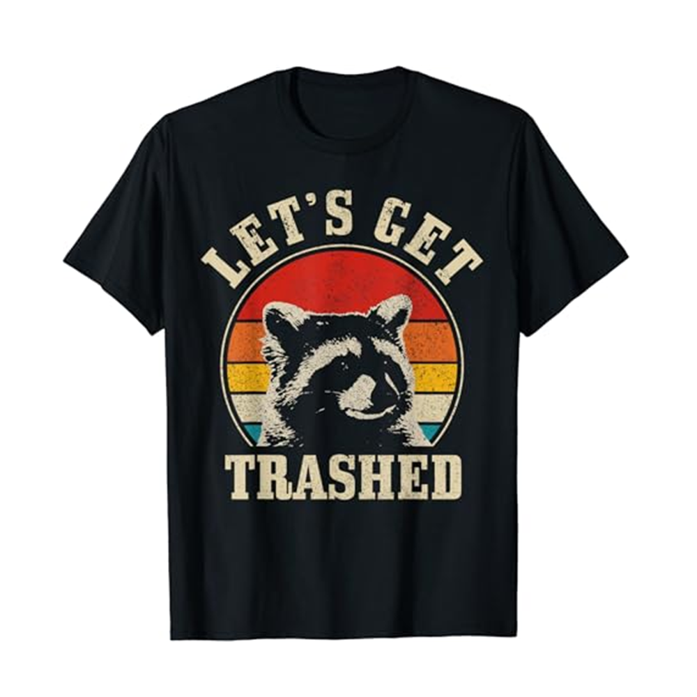 Adult Raccoon Let's Get Trashed Vintage Retro Funny Black Short Sleeve T-shirt Outfits Top Costume