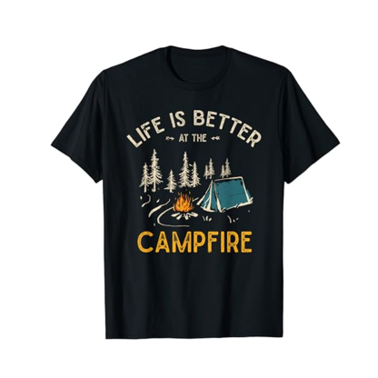Adult Life Is Better At The Campfire Funny Camping  Black Short Sleeve T-shirt Outfits Top Costume