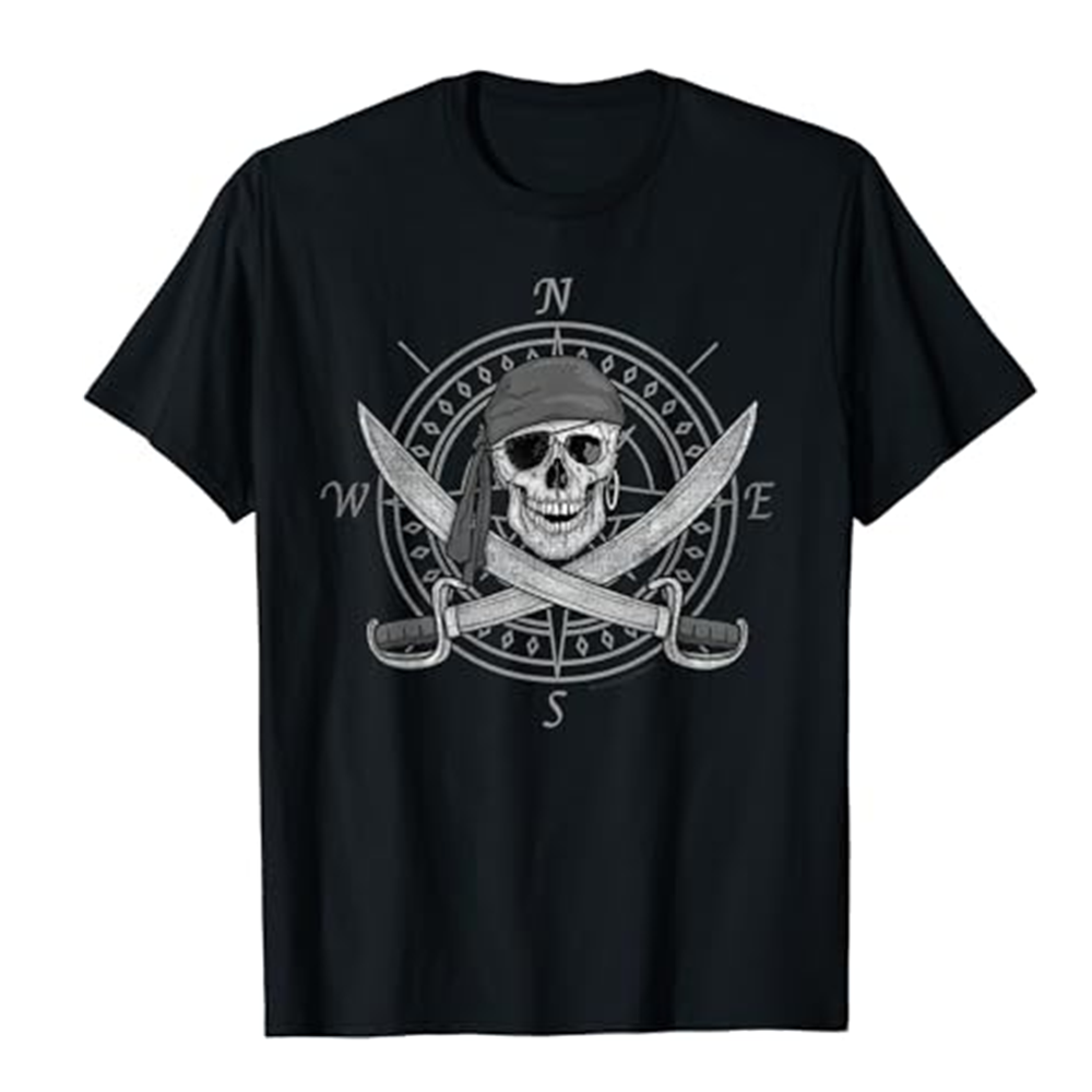 Adult Unisex Pirate Skull and Cutlasses Compass Distressed Black T-shirt Costume
