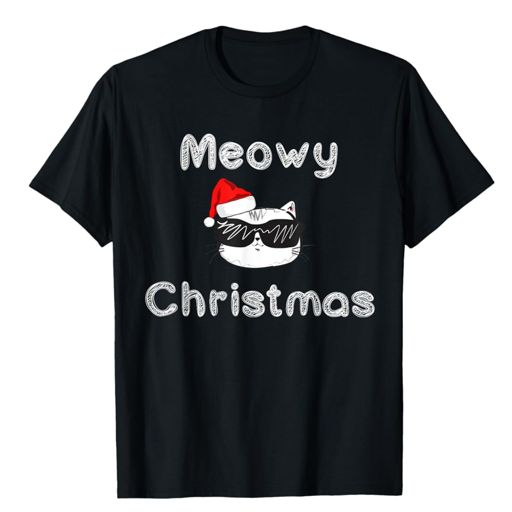 Adult Unisex Meowy Christmas T Shirt Cat Cool Tee Xmas Funny Gift Black Festival T-shirt