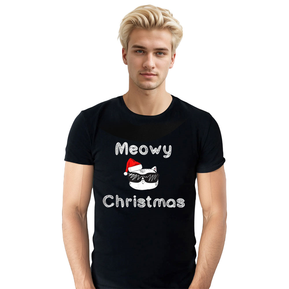 Adult Unisex Meowy Christmas T Shirt Cat Cool Tee Xmas Funny Gift Black Festival T-shirt