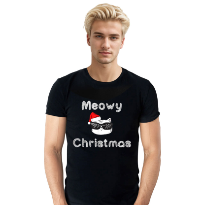 Adult Unisex Meowy Christmas T Shirt Cat Cool Tee Xmas Funny Gift Black Festival T-shirt