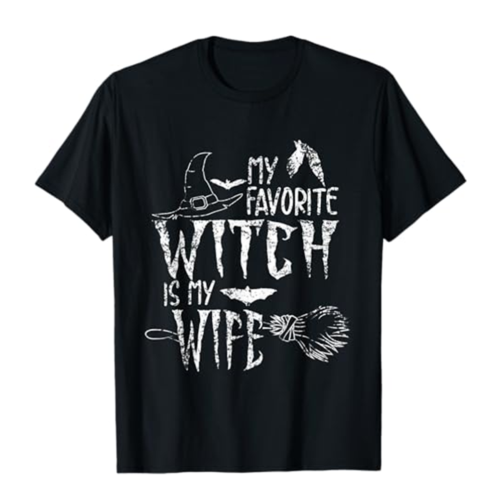 Adult Man My Favorite Witch Is My Wife Halloween Black T-shirt Costume