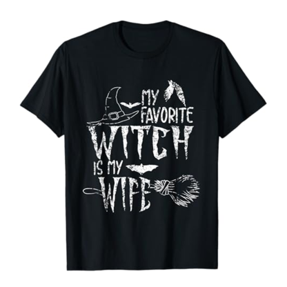 Adult Man My Favorite Witch Is My Wife Halloween Black T-shirt Costume