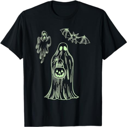 Adult Unisex Spooky Ghost Glow In Dark Halloween Black T-shirt Costume