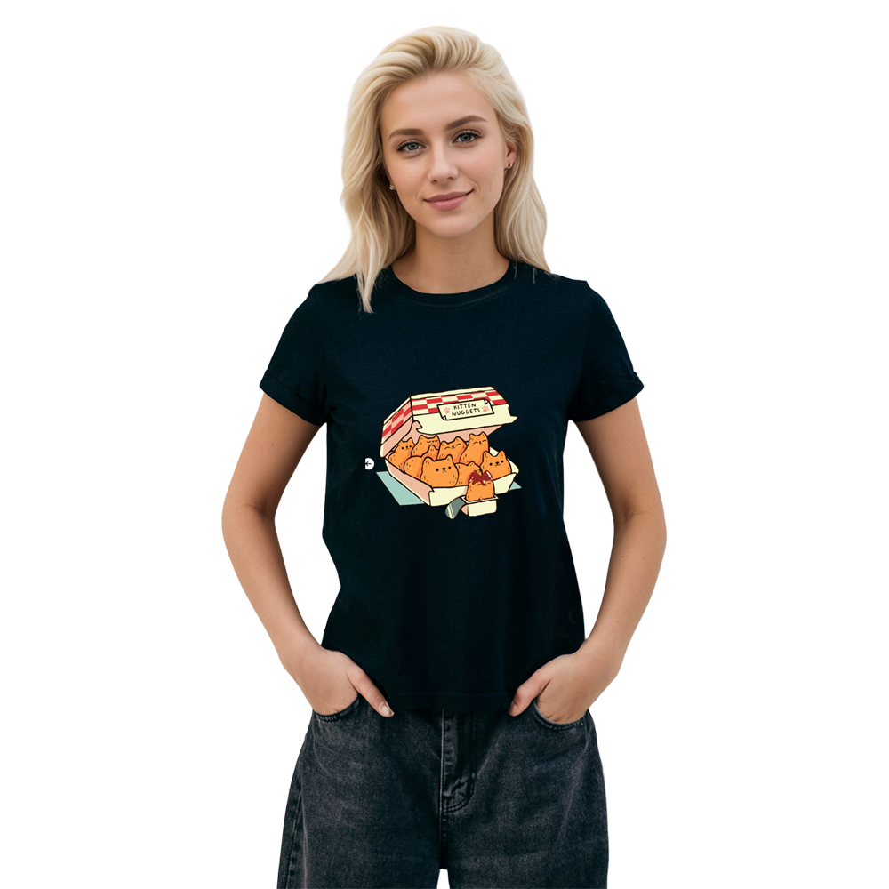 Adult Unisex Kitten Nuggets Fast Food Cat Pet Lover Black T-shirt