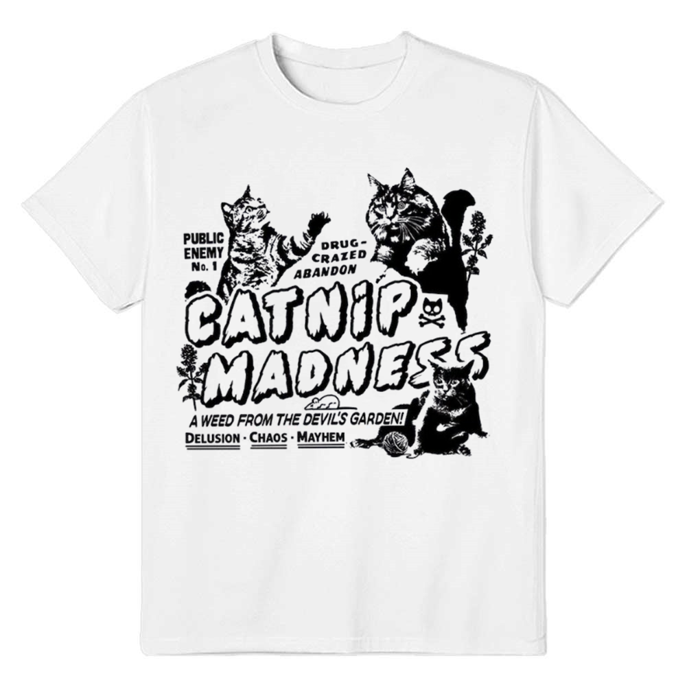 Adult Unisex White Catnip Madness Cute Cat Pet Lover T-shirt Costume