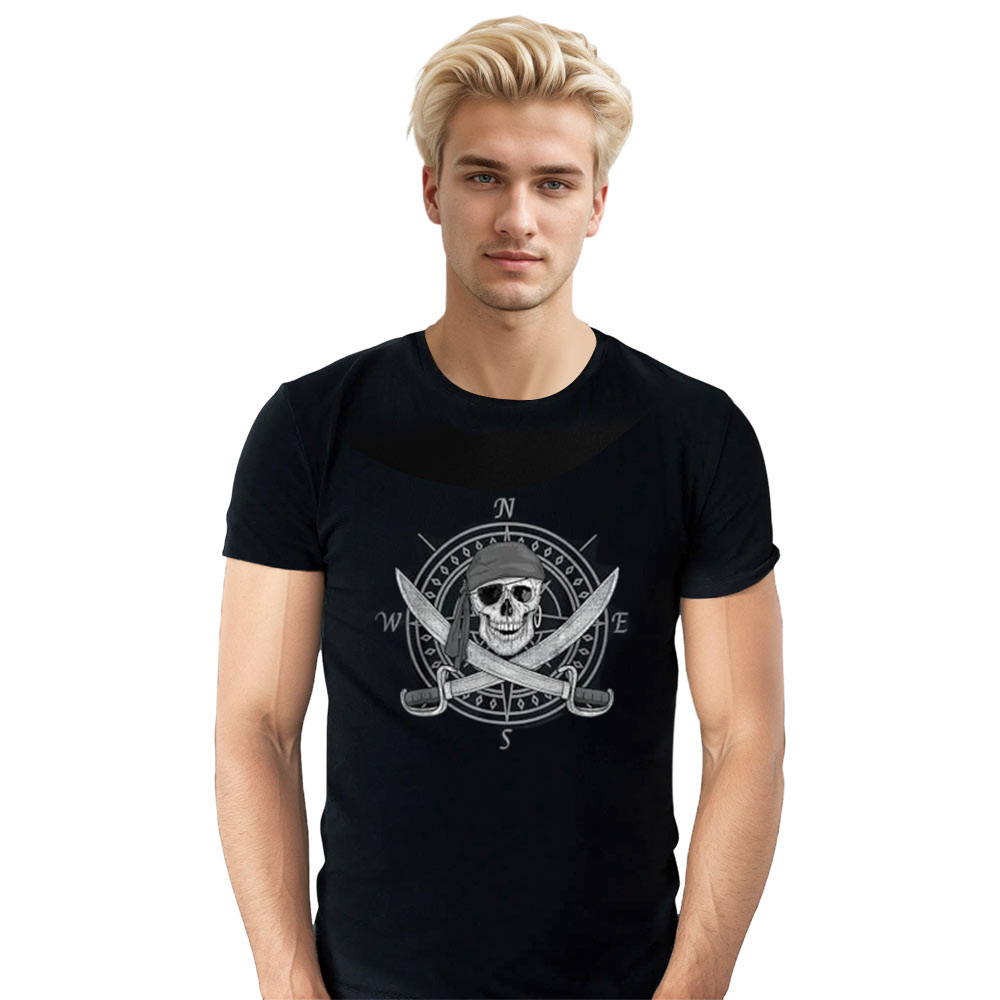 Adult Unisex Pirate Skull and Cutlasses Compass Distressed Black T-shirt Costume