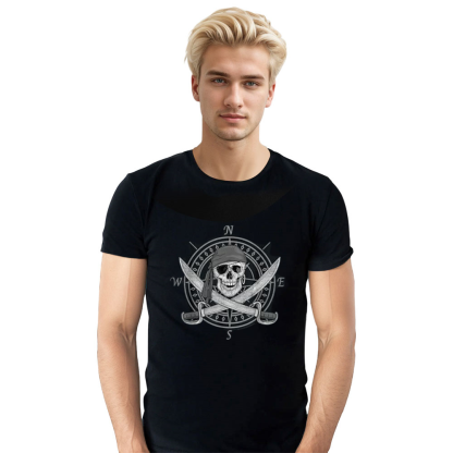 Adult Unisex Pirate Skull and Cutlasses Compass Distressed Black T-shirt Costume