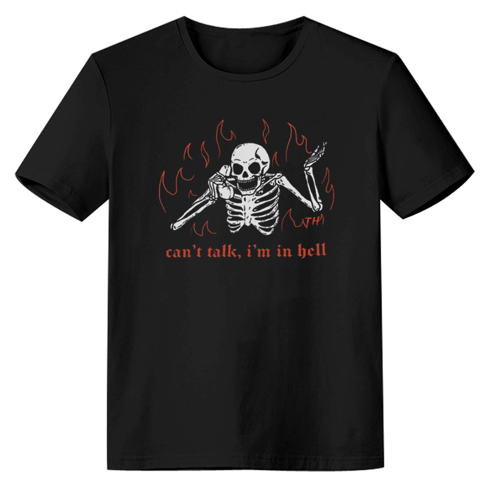 Adult Unisex Can‘t Talk In Hell Funny Skull Halloween Black T-shirt Costume