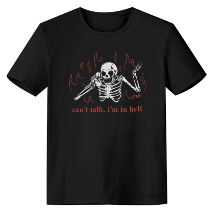 Adult Unisex Can‘t Talk In Hell Funny Skull Halloween Black T-shirt Costume