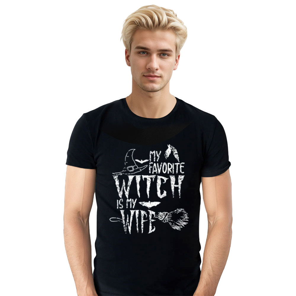 Adult Man My Favorite Witch Is My Wife Halloween Black T-shirt Costume