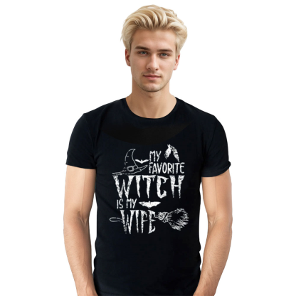 Adult Man My Favorite Witch Is My Wife Halloween Black T-shirt Costume