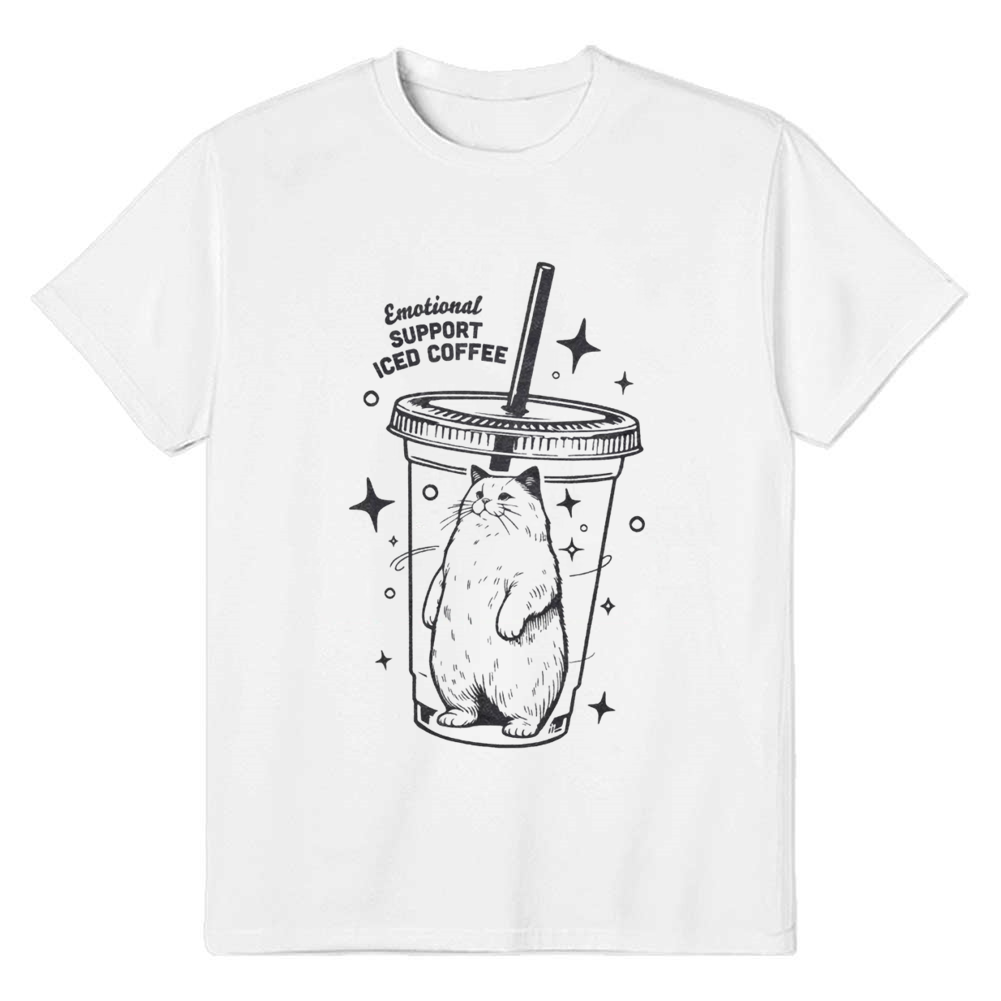 Adult Unisex Emotional Support Iced Coffee Cat Pet Lover White T-shirt