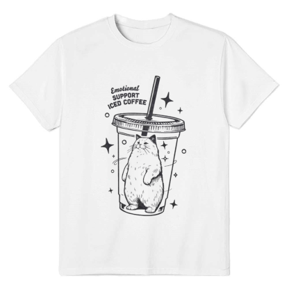 Adult Unisex Emotional Support Iced Coffee Cat Pet Lover White T-shirt