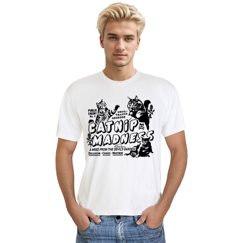 Adult Unisex White Catnip Madness Cute Cat Pet Lover T-shirt Costume
