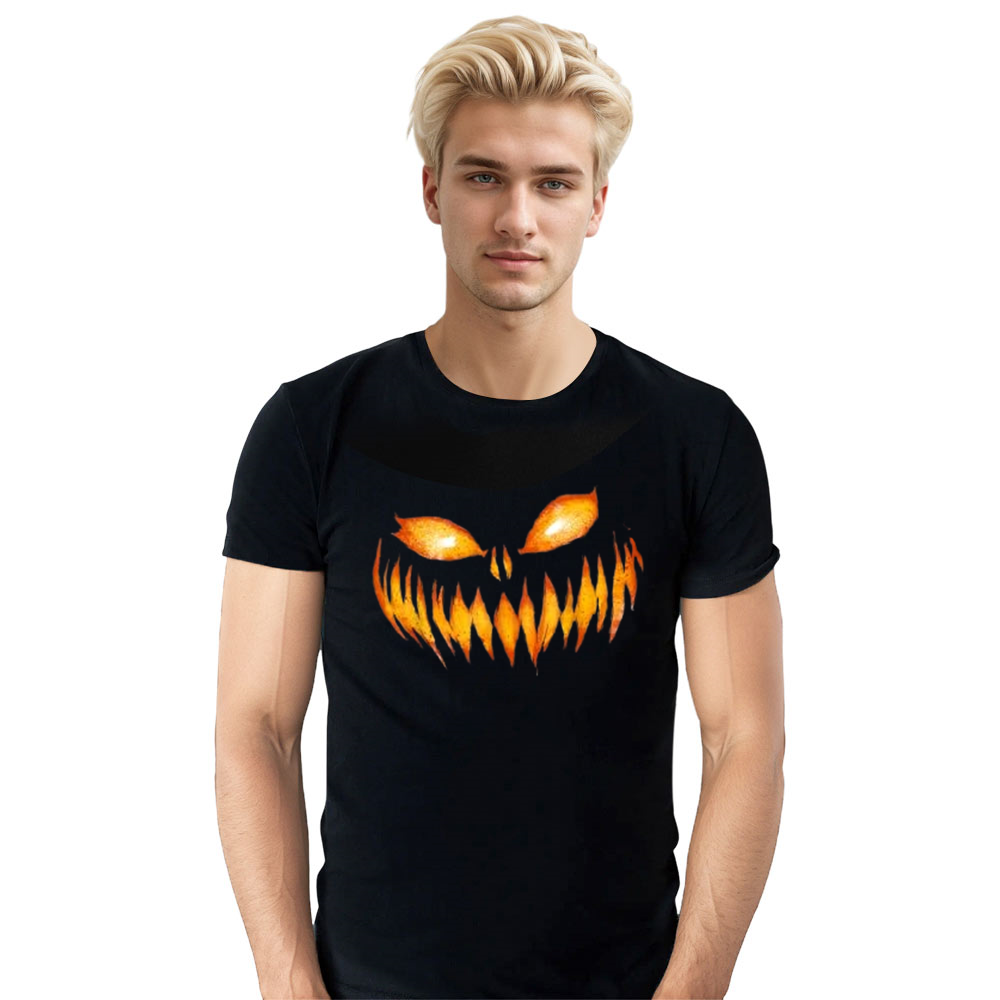 Adult Unisex Scary Carved Pumpkin Face Halloween Black T-shirt Costume