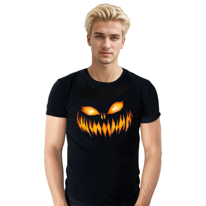 Adult Unisex Scary Carved Pumpkin Face Halloween Black T-shirt Costume