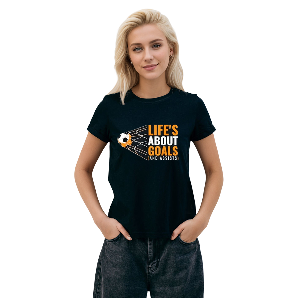 Adult Unisex Life's About Goals and Assists  Funny Football Lover Black T-shirt Costume