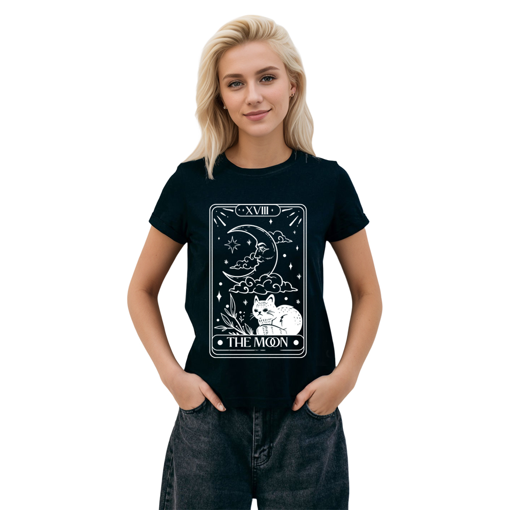 Adult Unisex Cat Moon Witch Halloween Black T-shirt Costume