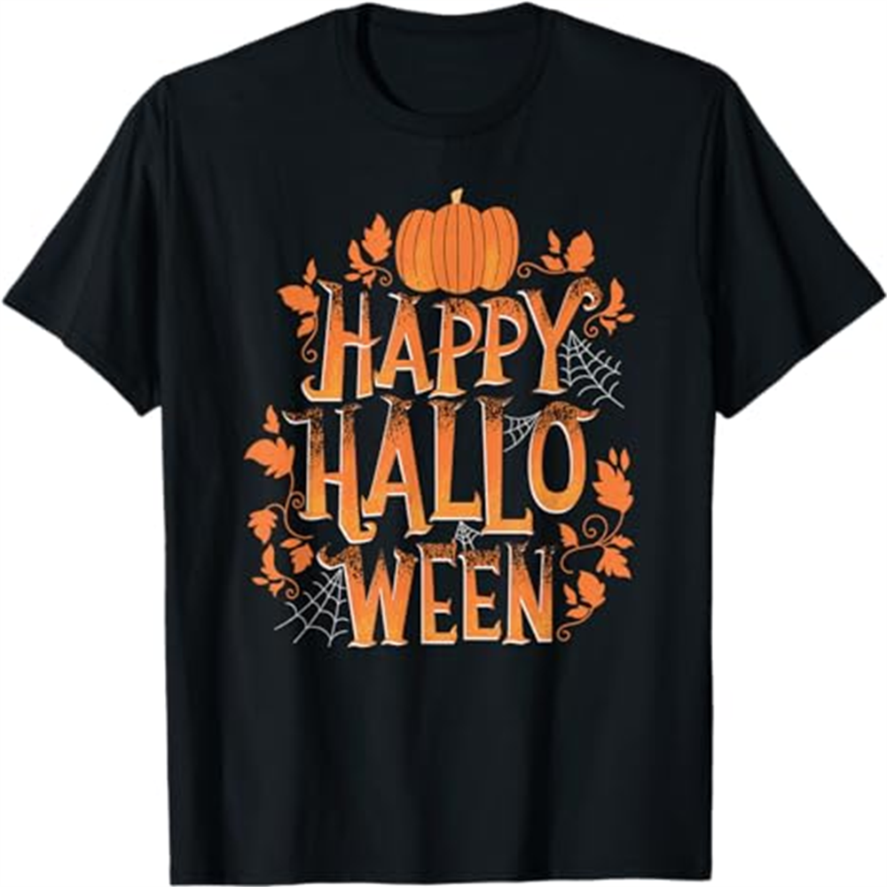 Adult Unisex Retro Vintage Happy Halloween Pumpkin Spider Webs Halloween Black T-shirt Costume