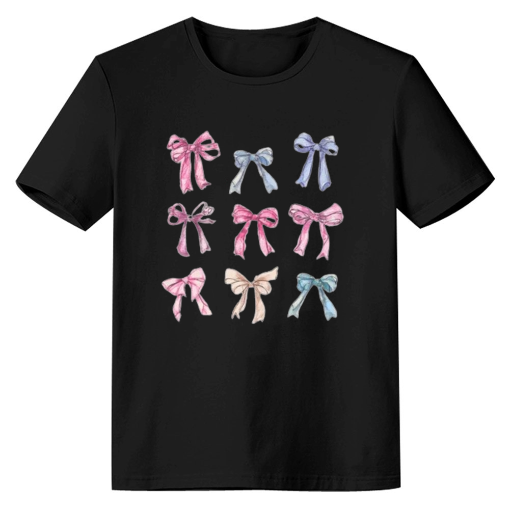 Adult Woman Summer Pink Cute Bow Black T-shirt Costume