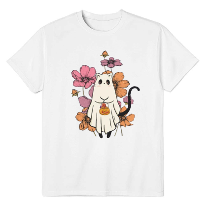 Adult Unisex Halloween Funny Cat Gghost White T-shirt Costume