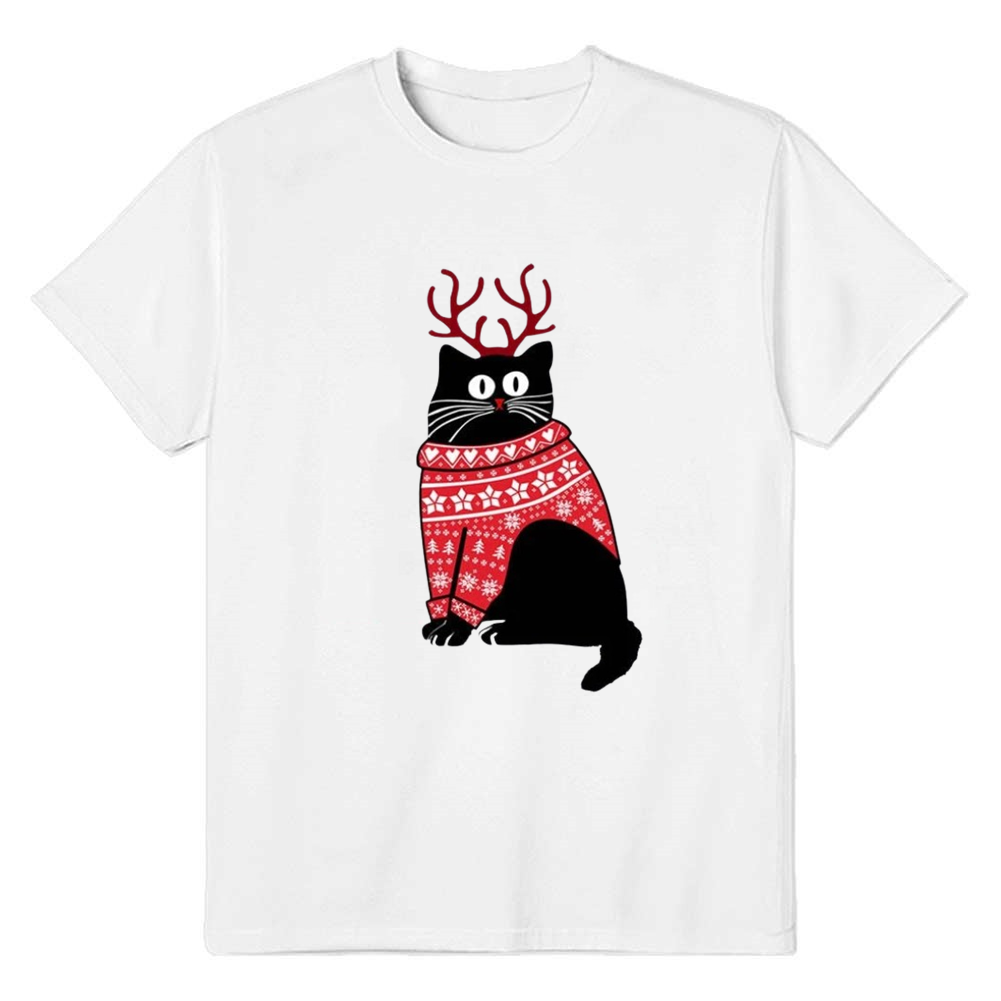 Adult Unisex Xmas Christmas Cute Cat Festival White T-shirt