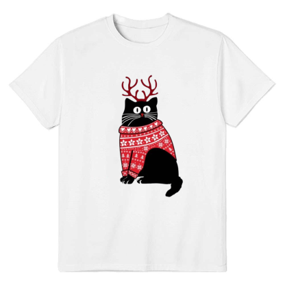 Adult Unisex Xmas Christmas Cute Cat Festival White T-shirt