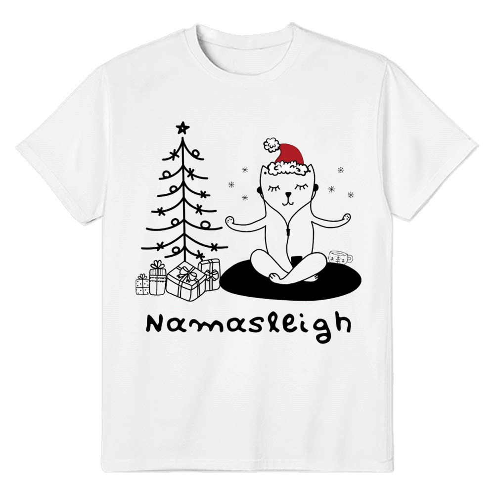 Adult Unisex Cat Yoga Christmas Xmas White Festival T-shirt