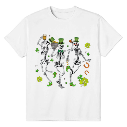Adult Unisex Dancing Skeletons St. Patrick's Day White T-shirt