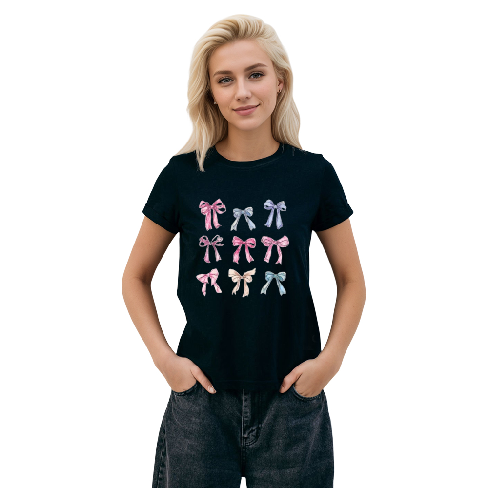 Adult Woman Summer Pink Cute Bow Black T-shirt Costume