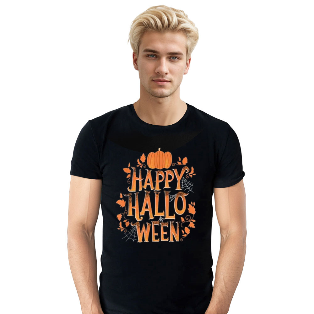 Adult Unisex Retro Vintage Happy Halloween Pumpkin Spider Webs Halloween Black T-shirt Costume