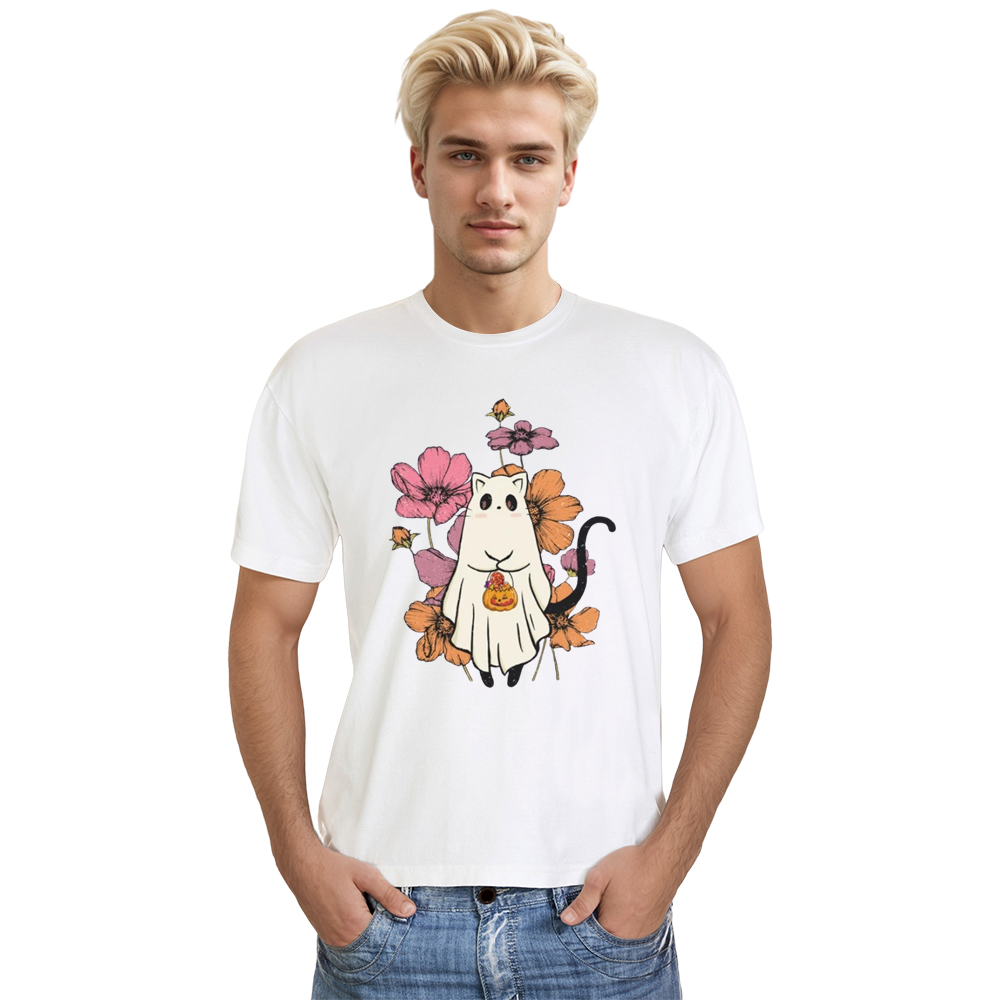 Adult Unisex Halloween Funny Cat Gghost White T-shirt Costume