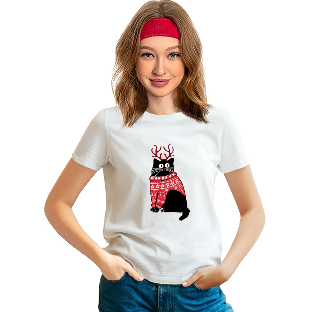 Adult Unisex Xmas Christmas Cute Cat Festival White T-shirt