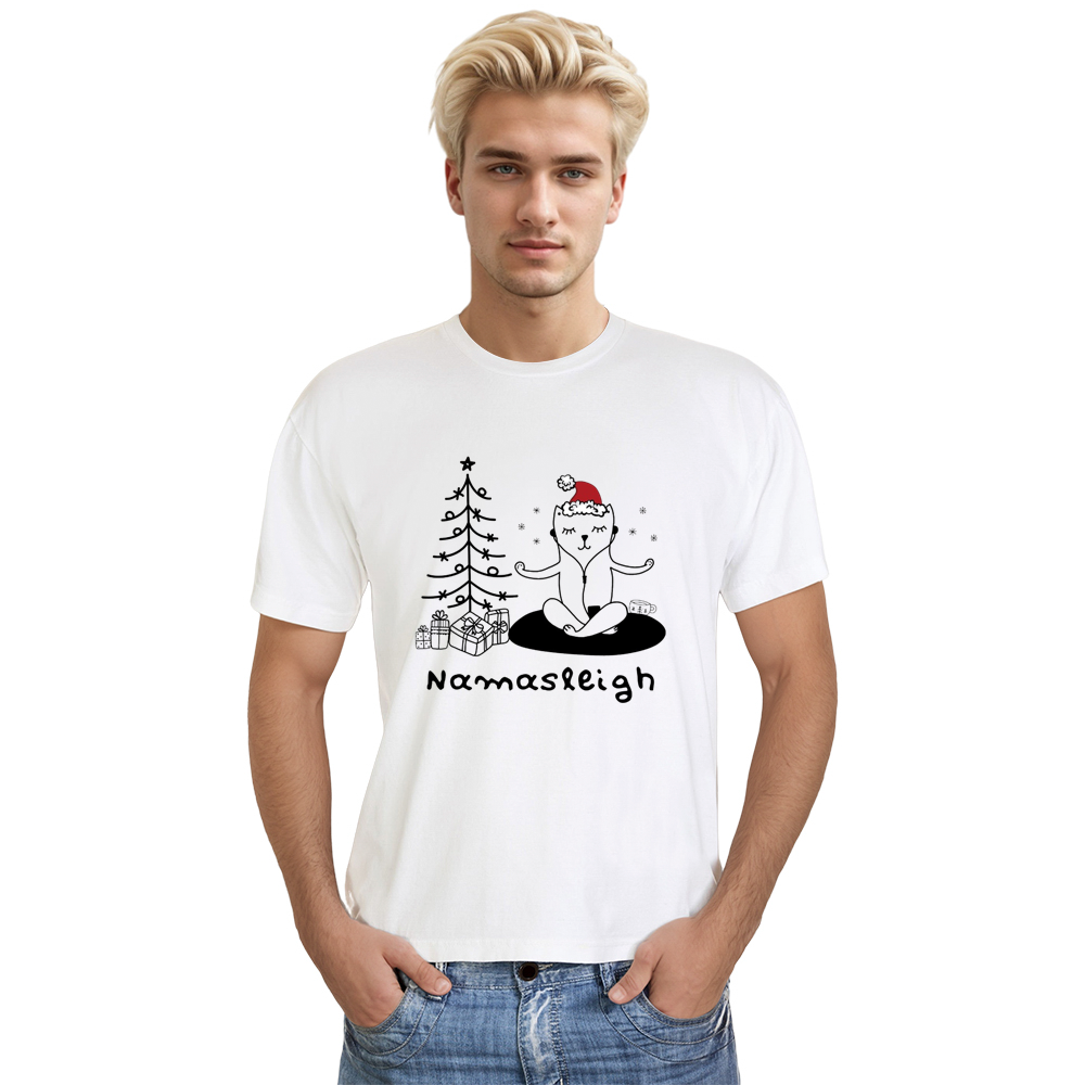 Adult Unisex Cat Yoga Christmas Xmas White Festival T-shirt