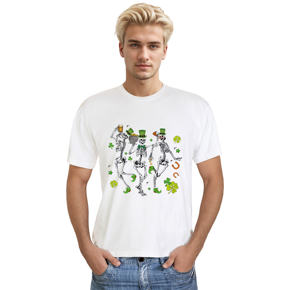 Adult Unisex Dancing Skeletons St. Patrick's Day White T-shirt