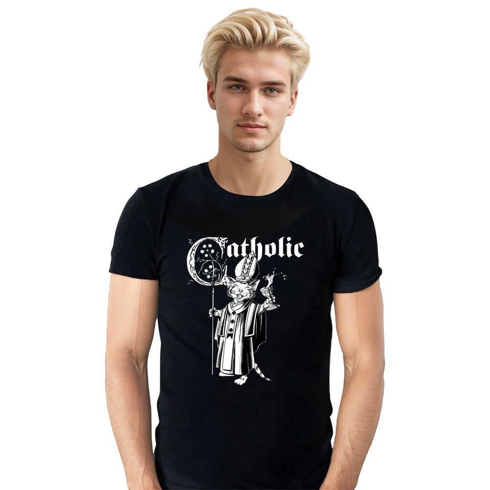 Adult Unisex Catholic Cat Pet Lover Black T-shirt Costume