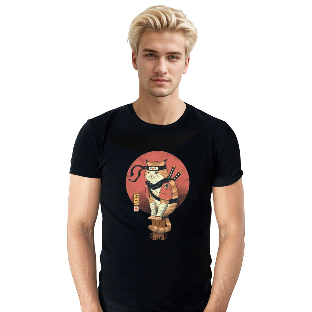 Adult Unisex Ninja Samurai Funny Cat Pet Lover Black T-shirt Costume