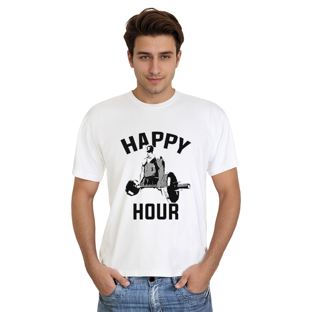 Adult Happy Hour Squat Bench Lifting Motivational Sayings Fitness Gym Workout Sport White T-shirt Costume