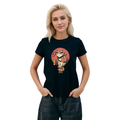 Adult Unisex Ninja Samurai Funny Cat Pet Lover Black T-shirt Costume