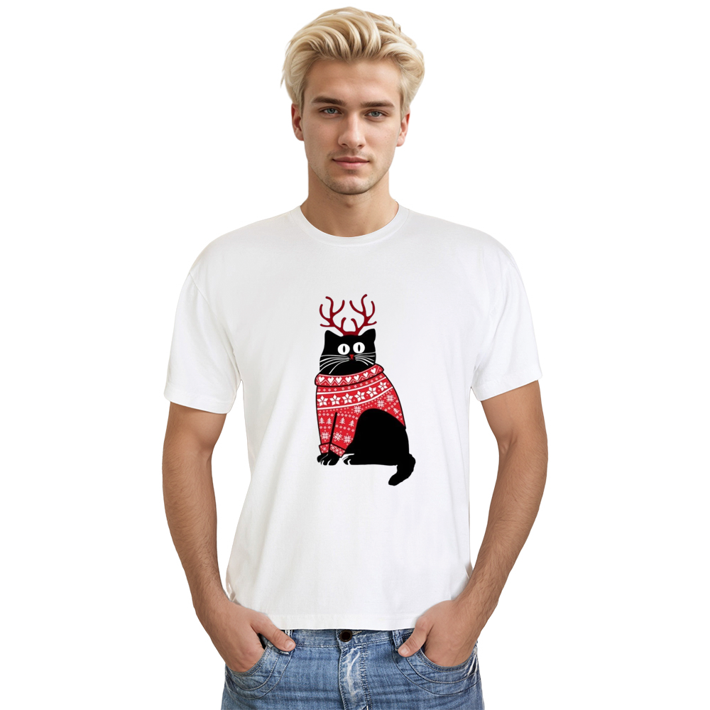 Adult Unisex Xmas Christmas Cute Cat Festival White T-shirt