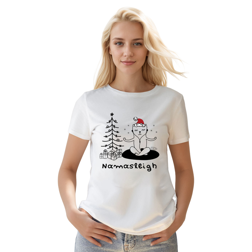 Adult Unisex Cat Yoga Christmas Xmas White Festival T-shirt