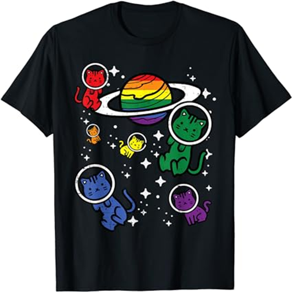 Adult Cats In Space Rainbow Pride Month Black T-shirt Costume