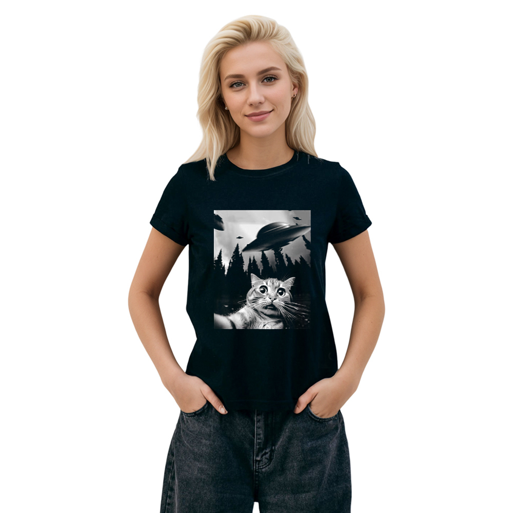 Adult Funny Cat Selfie With UFOs  Black Short Sleeve T-shirt Outfits Top Costume