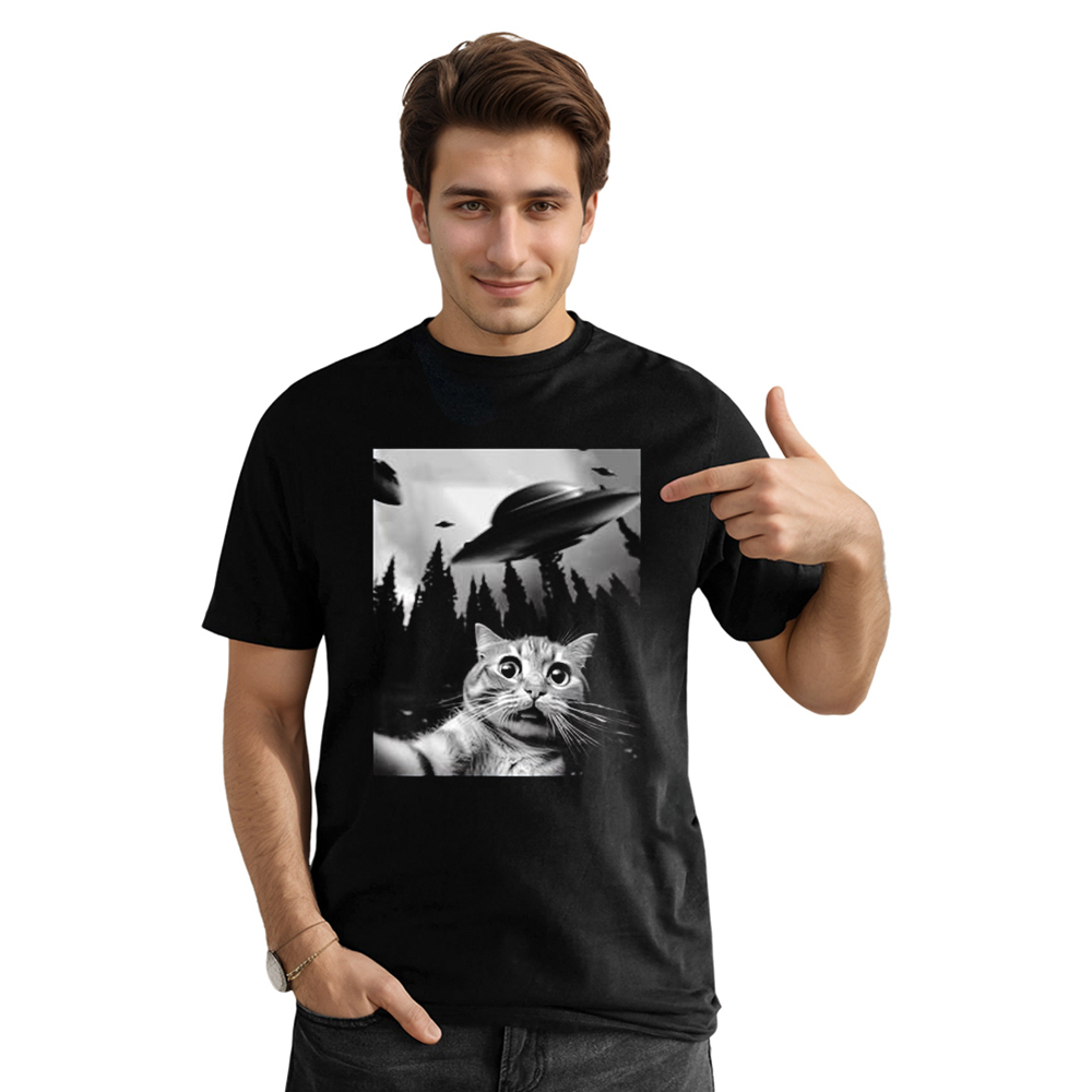 Adult Funny Cat Selfie With UFOs  Black Short Sleeve T-shirt Outfits Top Costume