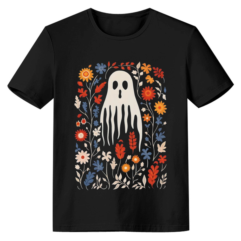 Adult Unisex Halloween Retro Floral Ghost Black T-shirt Costume