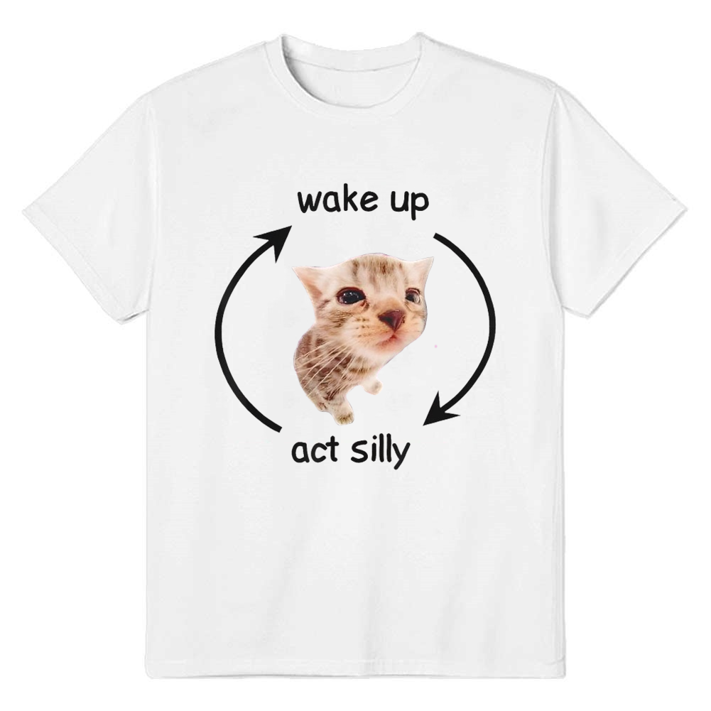 Adult Unisex Wake Up Act Silly Cat Funny Internet Meme White T-shirt Costume
