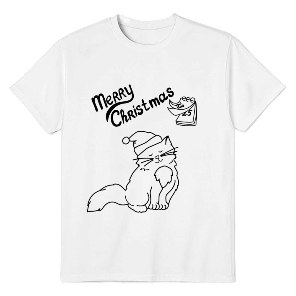 Adult Unisex Cat White Merry Christmas Pet Lover T-shirt